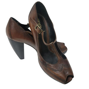 FENDI Authentic Women Open Toe Block Heel Shoes Brown (EU) 38 Excellent Cond.